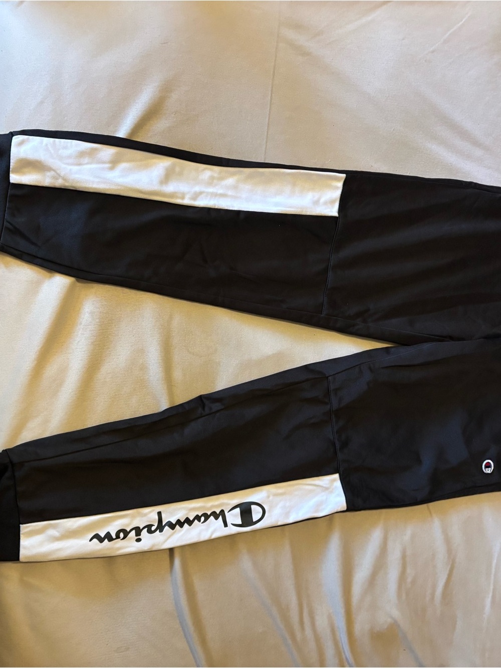 Champion Black Athletic Track Pants with White Logo Tag